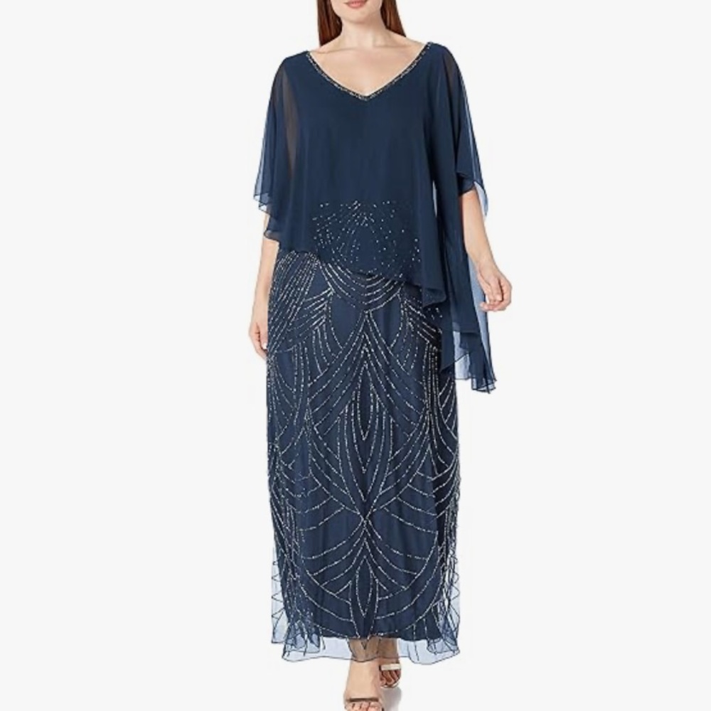 J Kara Women's Pop Over Dress with Beaded Bottom, Navy/Shaded, 8